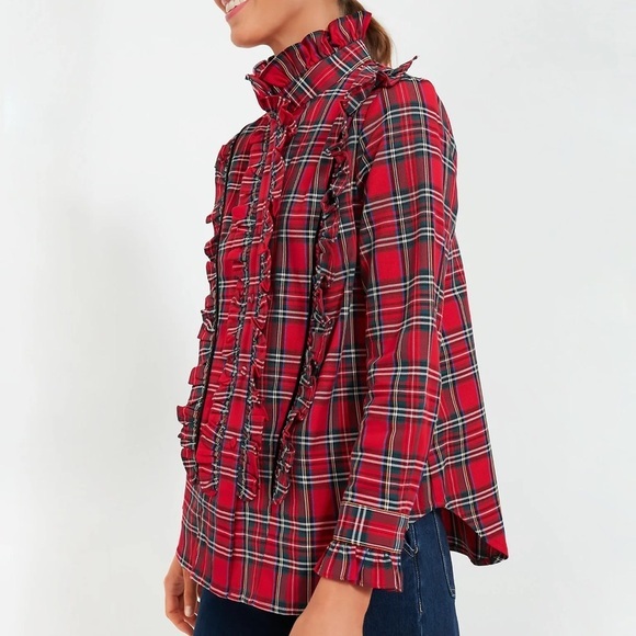 TUCKERNUCK Red Plaid Royal Stewart‎ Tartan Ruffle Reagan Button Size XXL - Picture 2 of 14